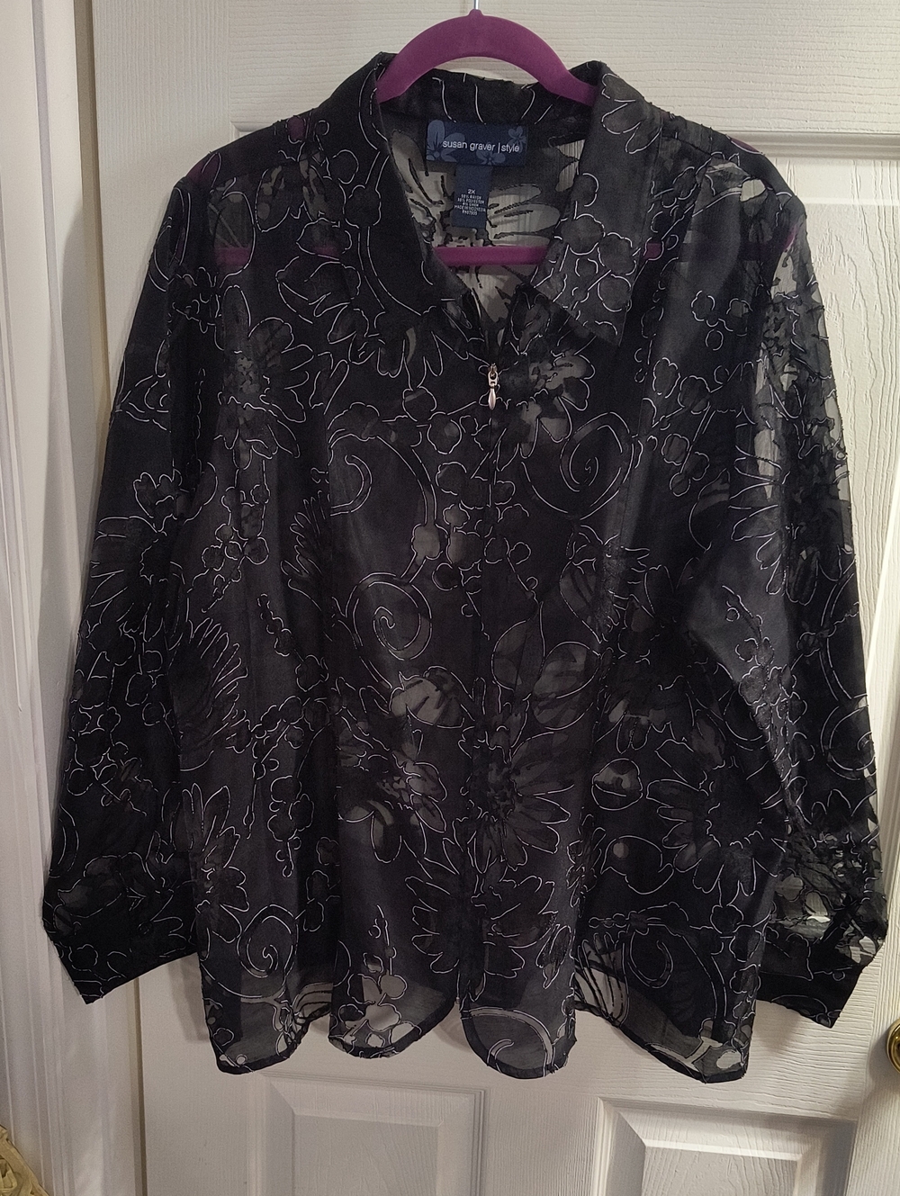 Susan Graver Black Floral Sheer Zip Front Blouse